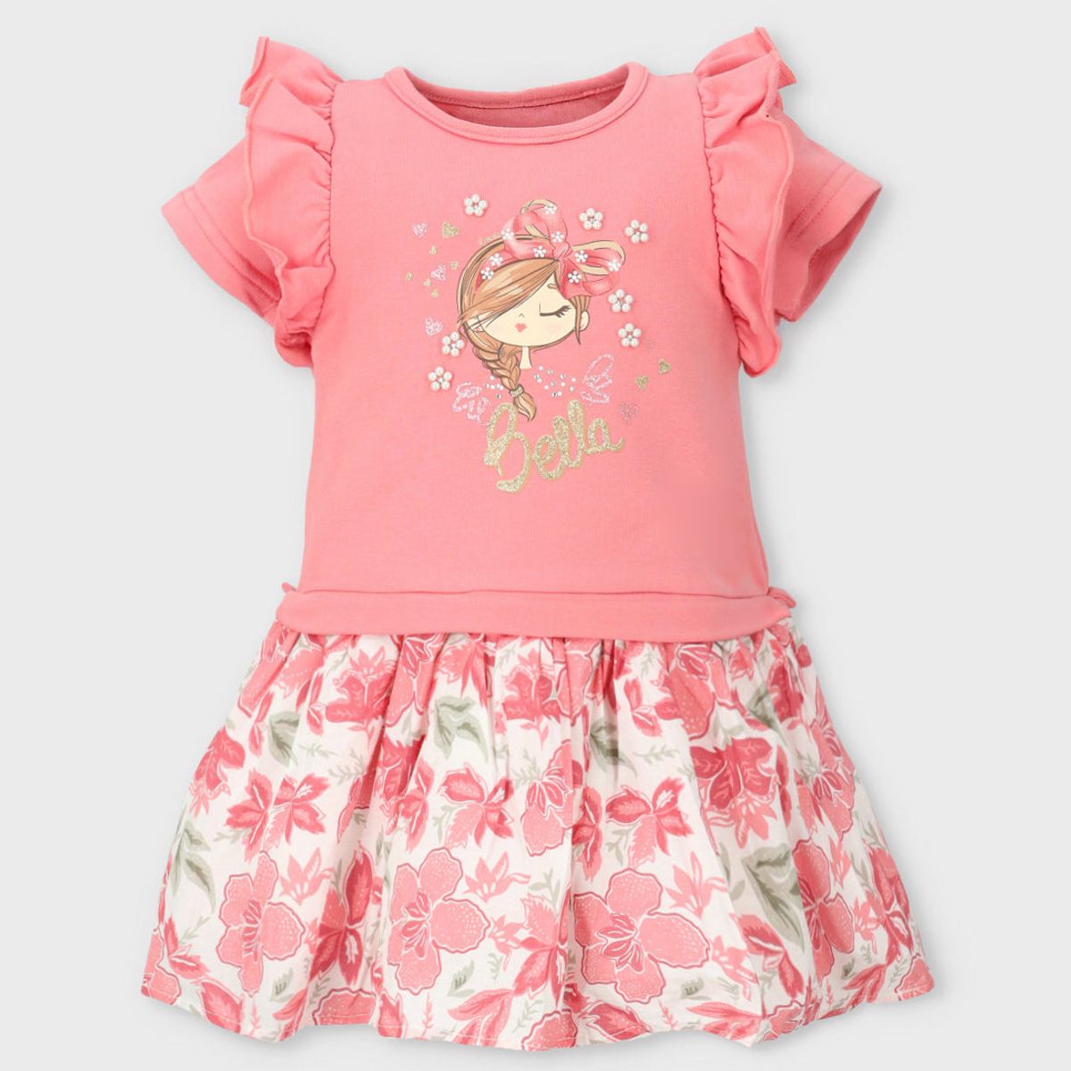 LIMONADA - Vestido niña con flores y estampado coral Limonada