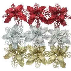 GENERICO - PACK 3 FLORES NAVIDEÑAS CON GLITTER