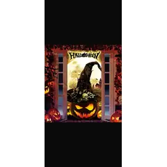 HALLOWEEN - Funda Decorativa para Puerta - Diseño Sombrero de Bruja y Luna Llena