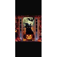HALLOWEEN - Funda Decorativa para Puerta - Diseño Gato Negro Místico y Luna Llena