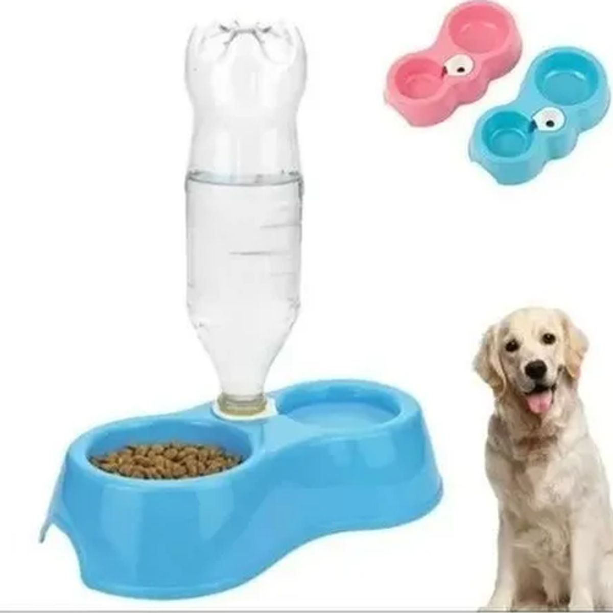 GENERICO - Plato doble con dispensador agua mascotas color azul