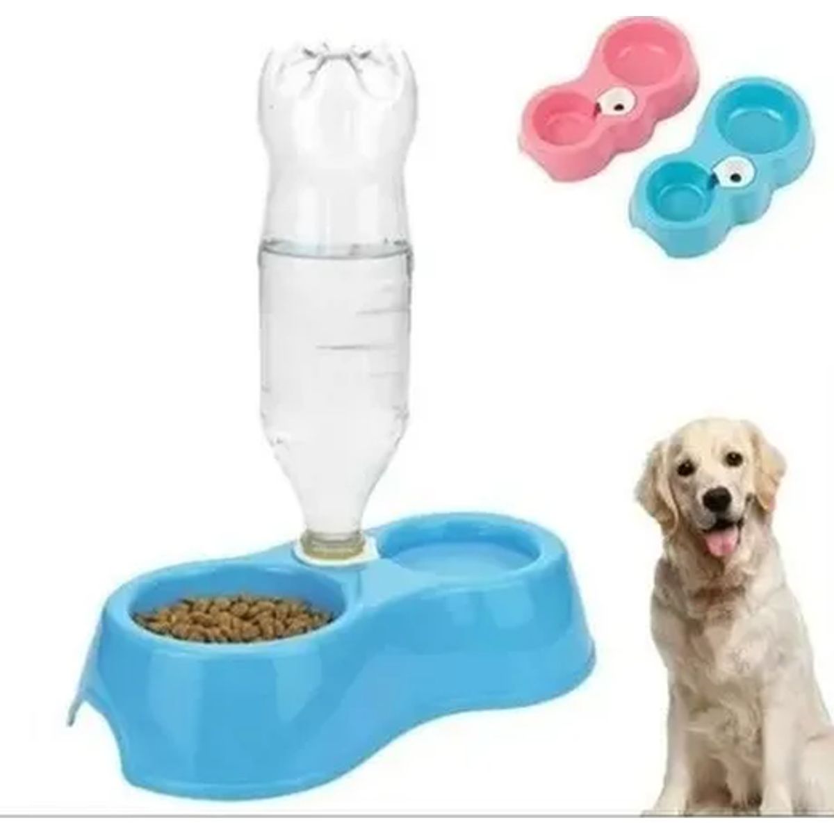GENERICO - Plato doble con dispensador agua mascotas color azul