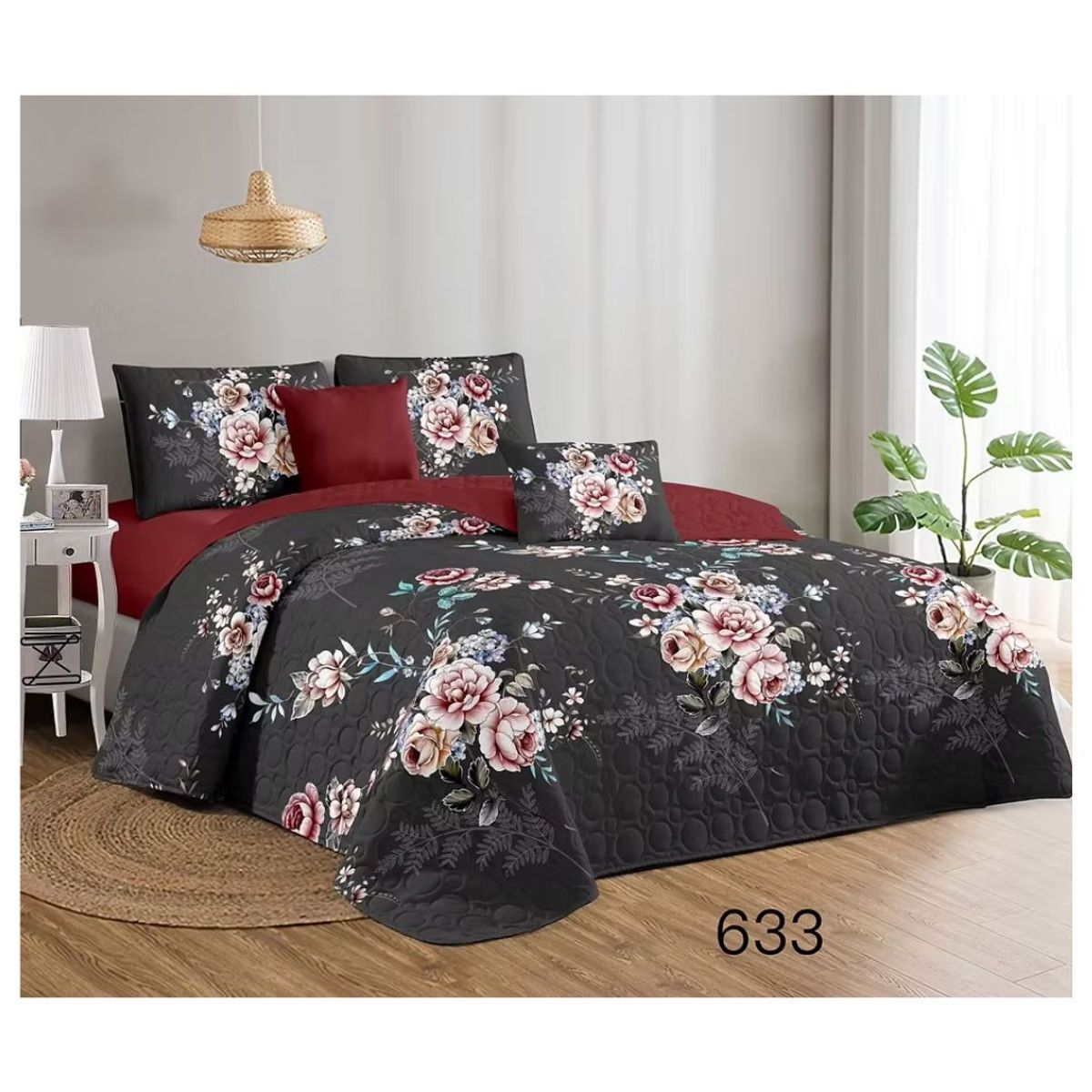 GENERICO - Cubrecama Quilt Verano King - Negro Rosas KFL633