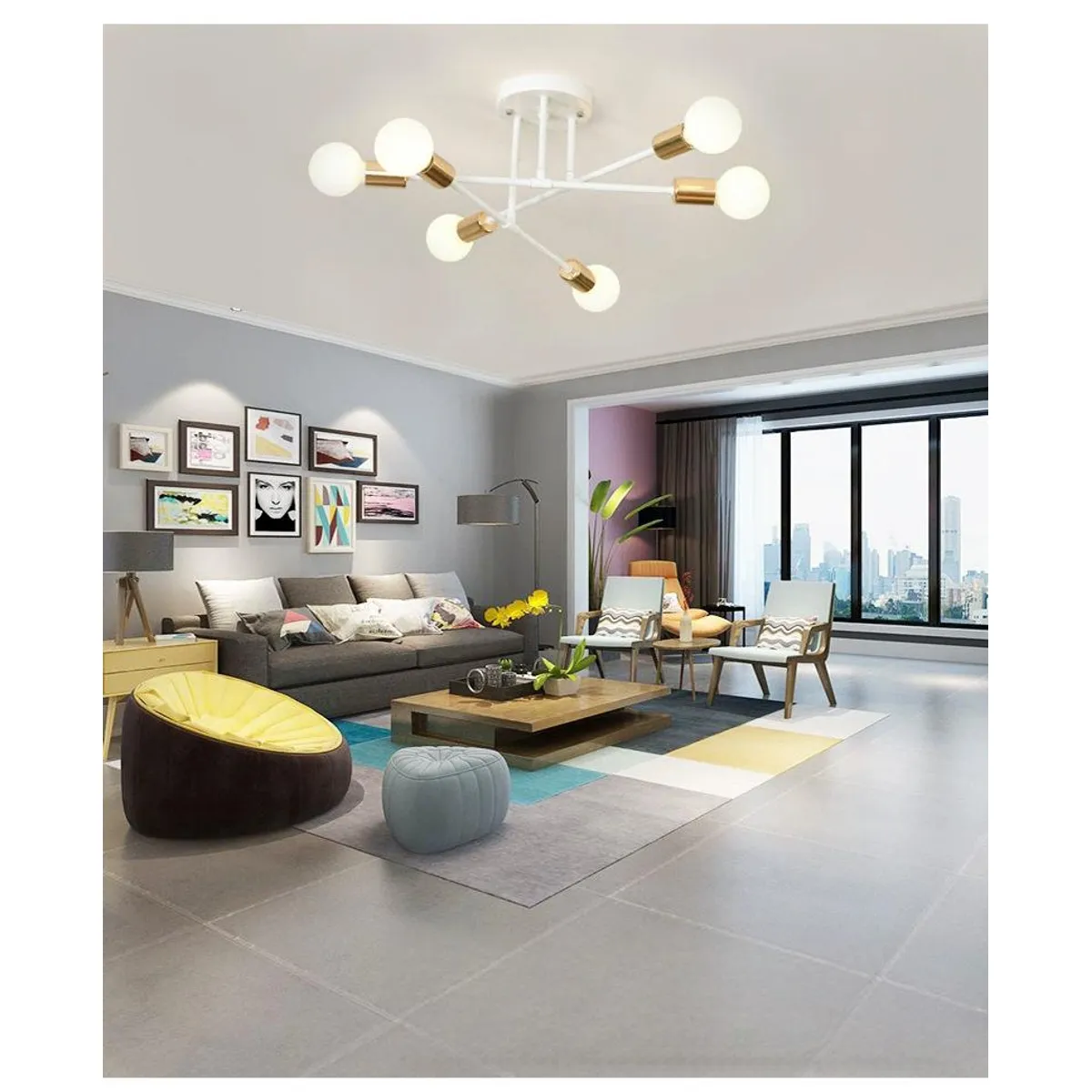 UMEXUS - Lámpara de Techo Nórdica 6 Luces Blanco y dorado Hierro 70cm - E27