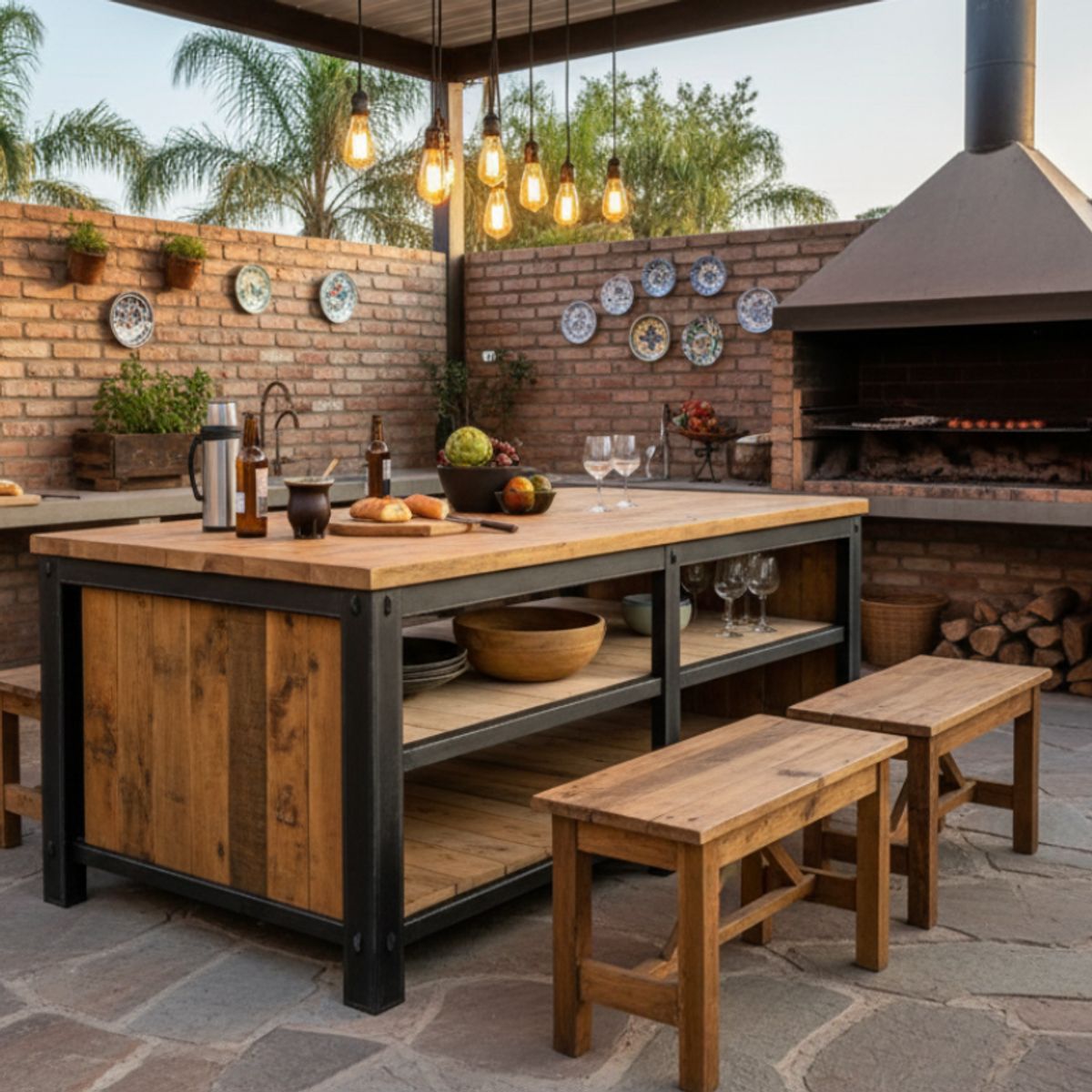 GENERICO - Mesa Tipo Isla Kairos - 3 Niveles - Roble - Comedor 200x100 Marrón