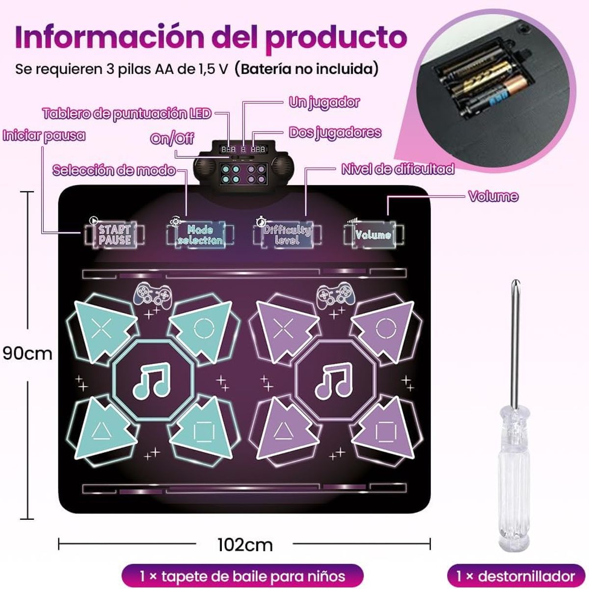 PUREPOWER - Alfombra Música Eléctrica Juego Pad de Baile con Luz Indicadora LED-05