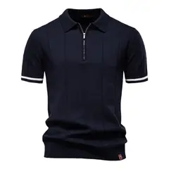 TIOZONEY - Polo de punto con cuello para hombre-Azul