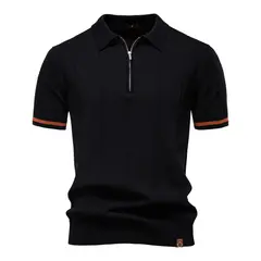 TIOZONEY - Polo de punto con cuello para hombre-Negro