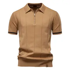 TIOZONEY - Polo de punto con cuello para hombre-Marrón