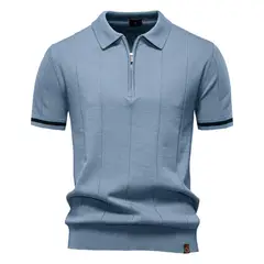 TIOZONEY - Polo de punto con cuello para hombre-Azul