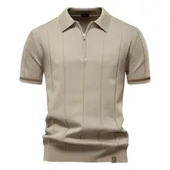 TIOZONEY - Polo de punto con cuello para hombre-Beige