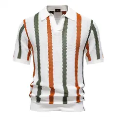 TIOZONEY - Polo a rayas para hombre-Blanco