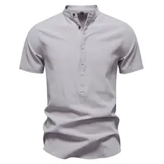 TIOZONEY - Camisa de algodón con cuello alto para hombre-Gris