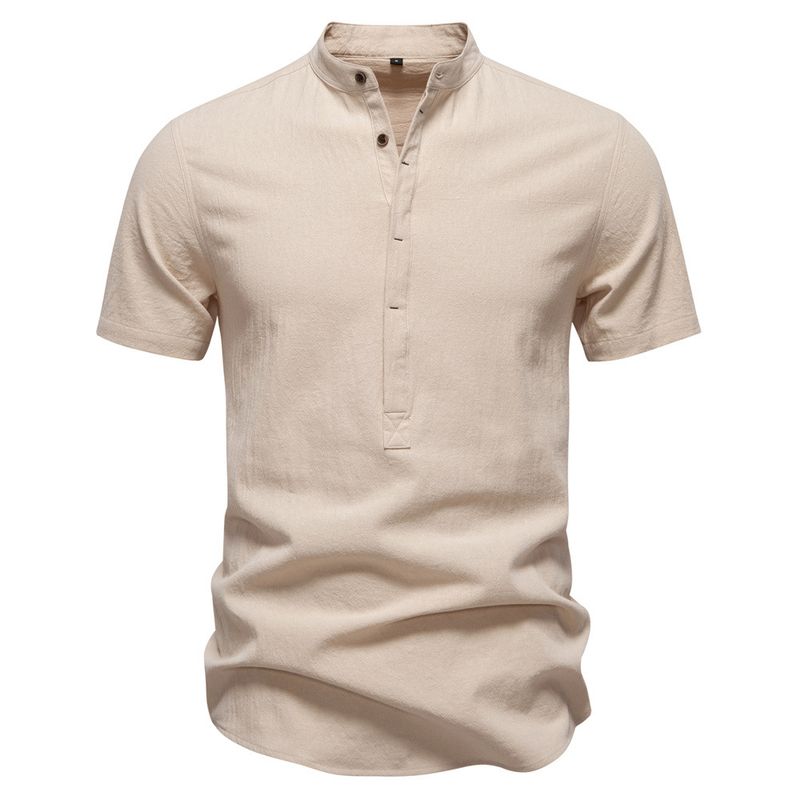 TIOZONEY - Camisa de algodón con cuello alto para hombre-Beige