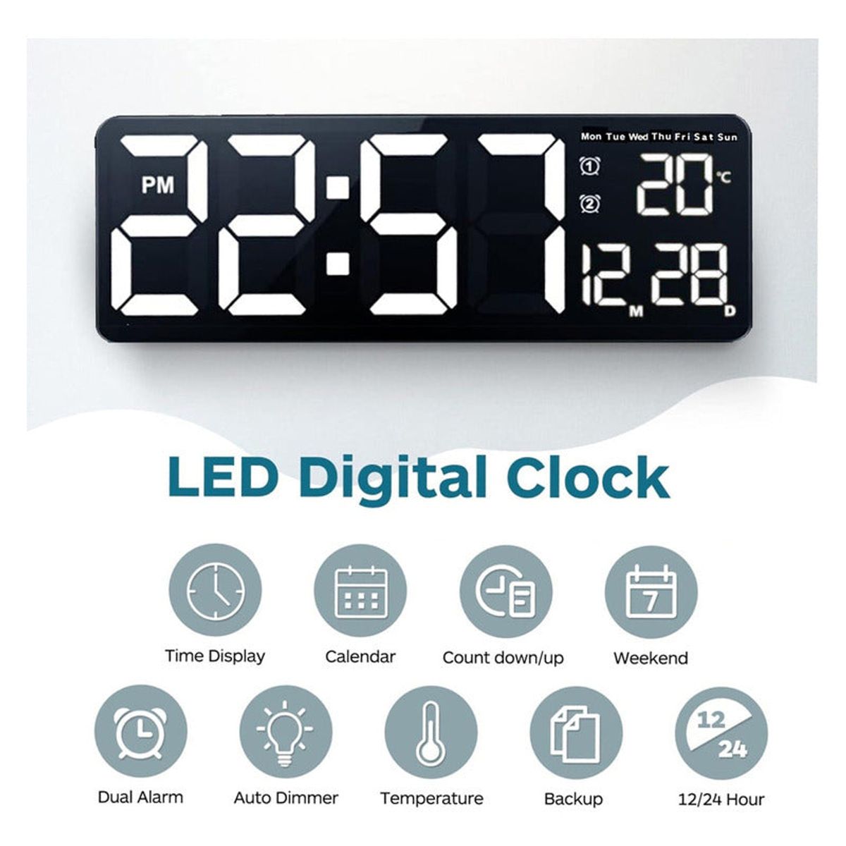 HOMEBRANDT - Reloj Pared Digital 40x13cm Grande Dia Fecha Hora Temp Led B