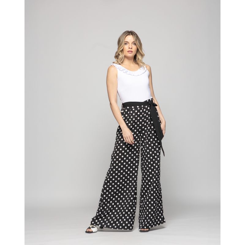 LUDOVICA - Pantalón Mujer Brionia Palazzo Viscosa Con Lazo Lunares Blancos Negro