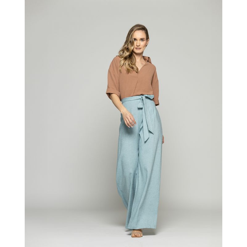 LUDOVICA - Pantalón Mujer Senecio Palazzo Viscosa Con Lazo Liso Celeste Agua