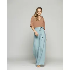 LUDOVICA - Pantalón Mujer Senecio Palazzo Viscosa Con Lazo Liso Celeste Agua