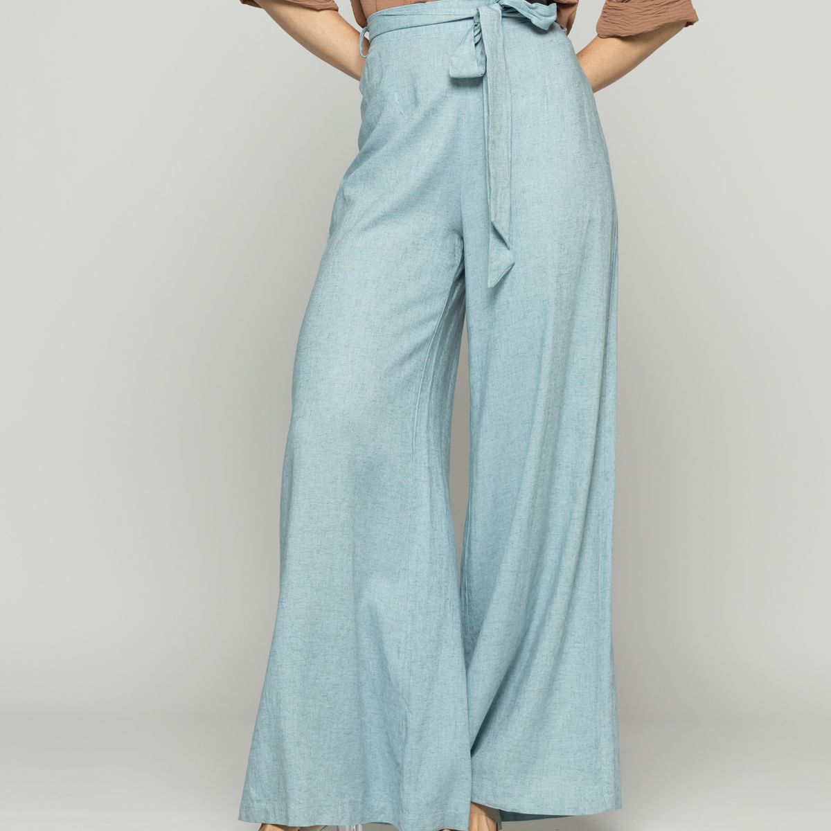 LUDOVICA - Pantalón Mujer Senecio Palazzo Viscosa Con Lazo Liso Celeste Agua Ludovica