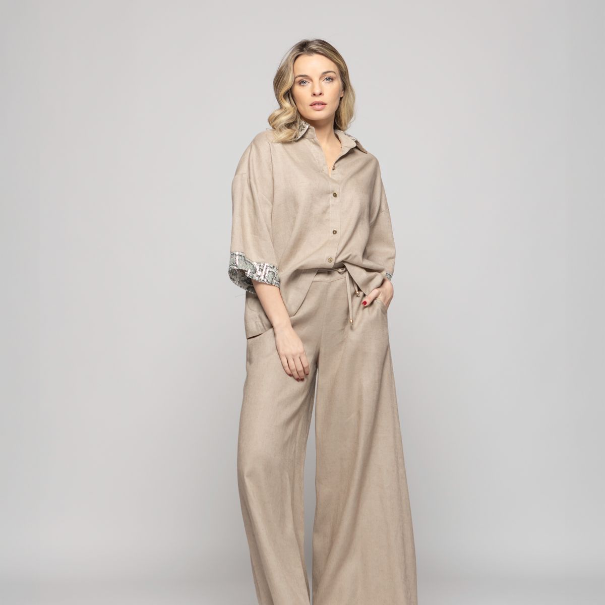 LUDOVICA - Pantalón Mujer Fresia Viscosa Lino Palazzo Beige Ludovica