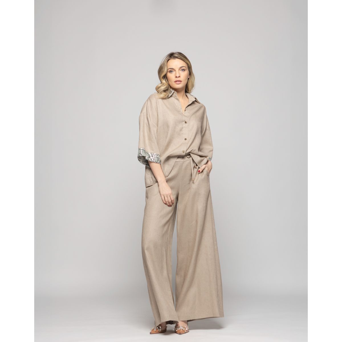 LUDOVICA - Pantalón Mujer Fresia Viscosa Lino Palazzo Beige Ludovica