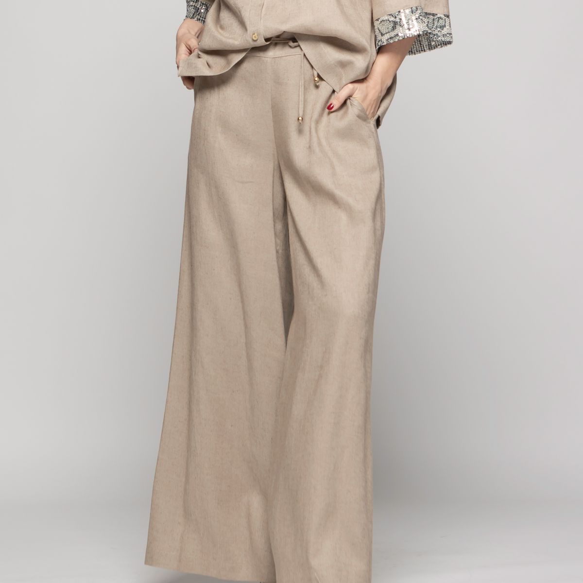 LUDOVICA - Pantalón Mujer Fresia Viscosa Lino Palazzo Beige Ludovica
