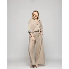 LUDOVICA - Pantalón Mujer Fresia Viscosa Lino Palazzo Beige