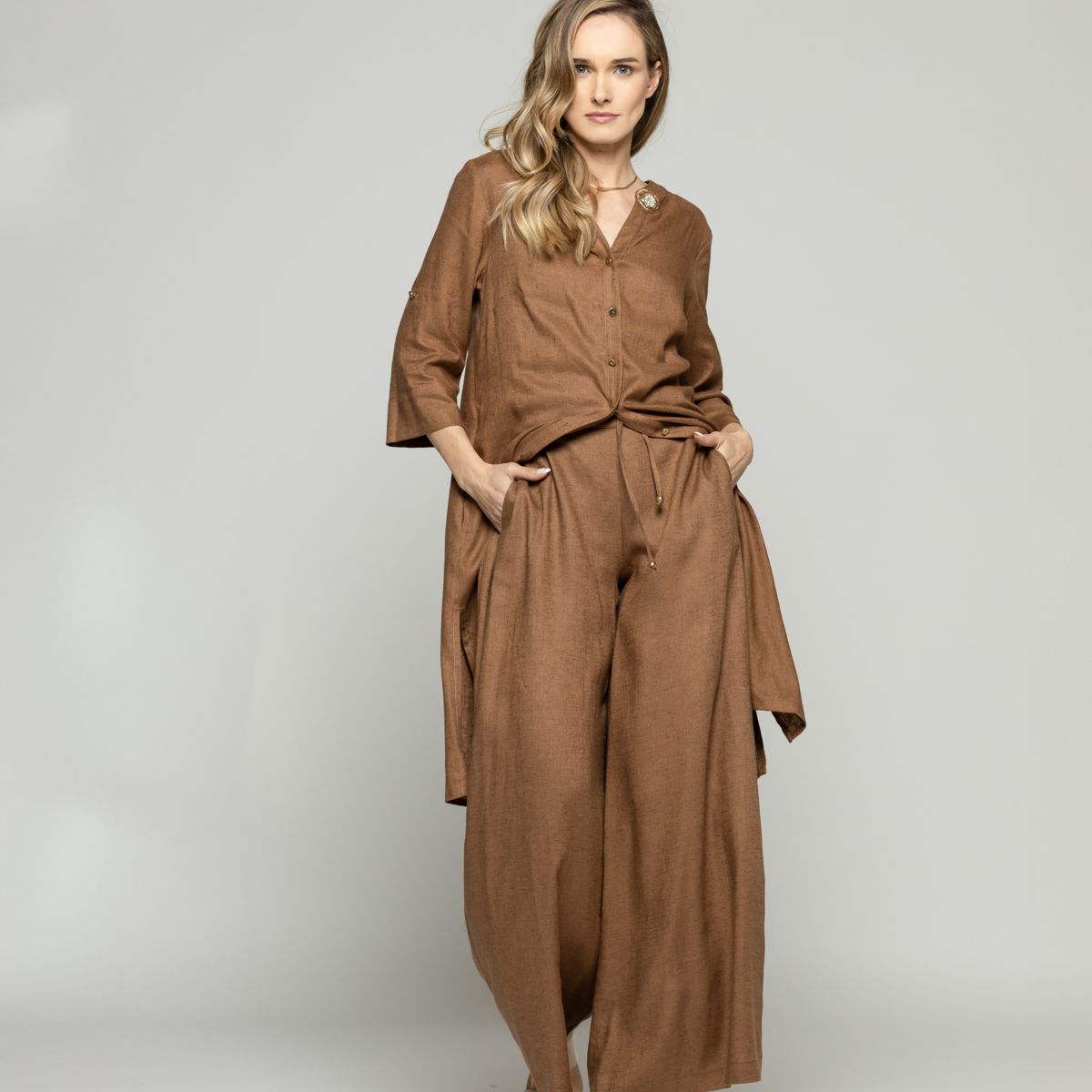 LUDOVICA - Pantalón Mujer Fresia Viscosa Lino Palazzo Café Moka Ludovica