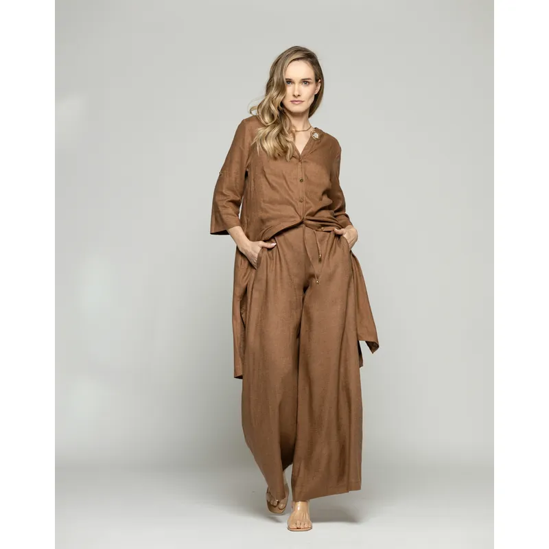 LUDOVICA - Pantalón Mujer Fresia Viscosa Lino Palazzo Café Moka