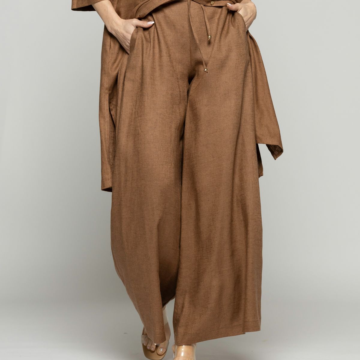 LUDOVICA - Pantalón Mujer Fresia Viscosa Lino Palazzo Café Moka Ludovica