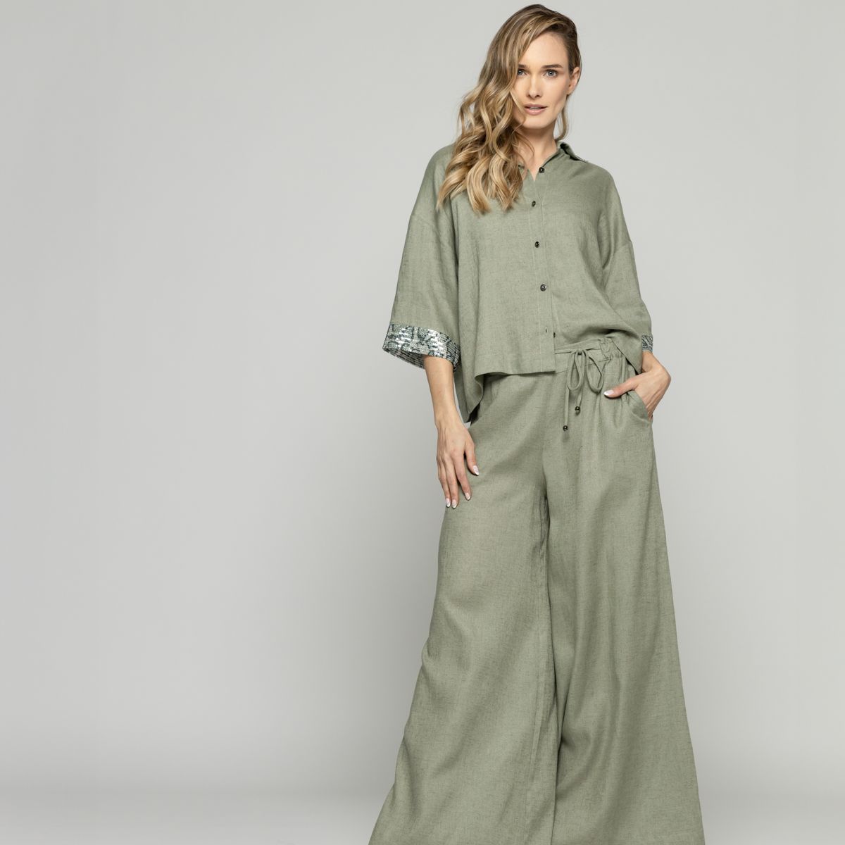 LUDOVICA - Pantalón Mujer Fresia Viscosa Lino Palazzo Verde Militar Ludovica