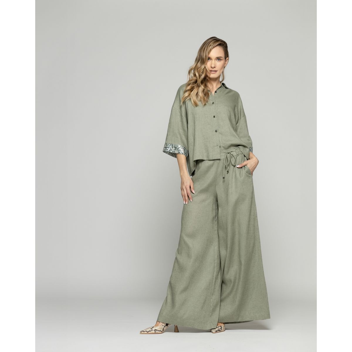 LUDOVICA - Pantalón Mujer Fresia Viscosa Lino Palazzo Verde Militar Ludovica
