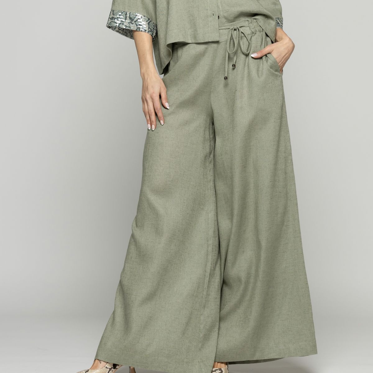 LUDOVICA - Pantalón Mujer Fresia Viscosa Lino Palazzo Verde Militar Ludovica
