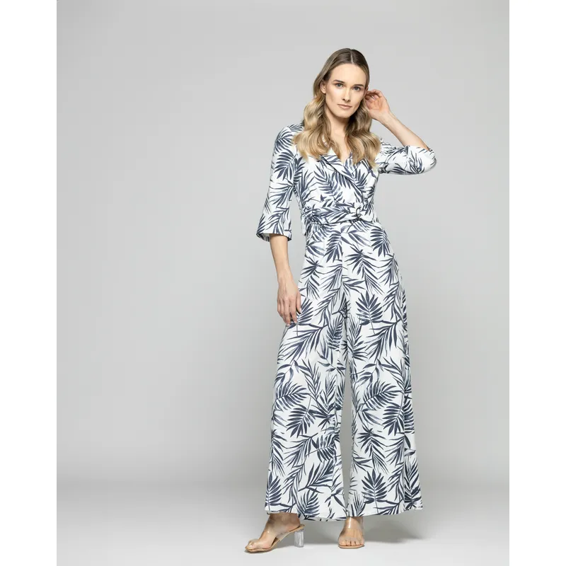 LUDOVICA - Enterito Mujer Amarilis Escote Cruzado Manga Tres cuartos Estampado Hojas Blanco Y Azul