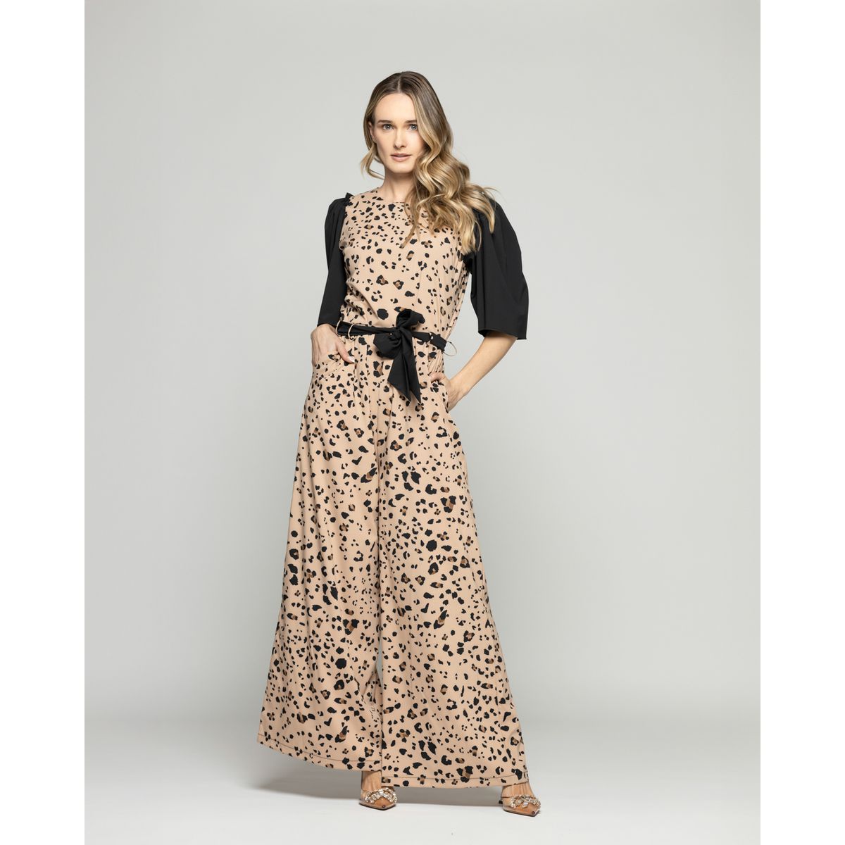 LUDOVICA - Enterito Mujer Acacia Manga 3/4 Palazzo Animal Print Café Moka Ludovica