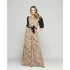 LUDOVICA - Enterito Mujer Acacia Manga Tres cuartos Palazzo Animal Print Café Moka