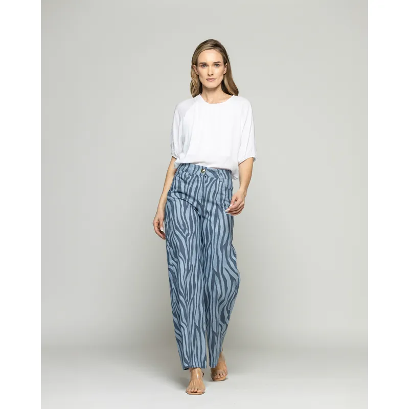 LUDOVICA - Pantalón Mujer Sakura Palazzo Algodón Estampado Cebra Azul
