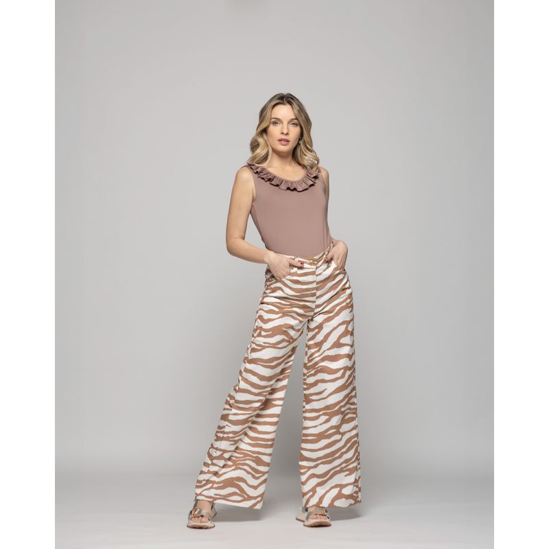 LUDOVICA - Pantalón Mujer Sakura Palazzo Algodón Estampado Cebra Café