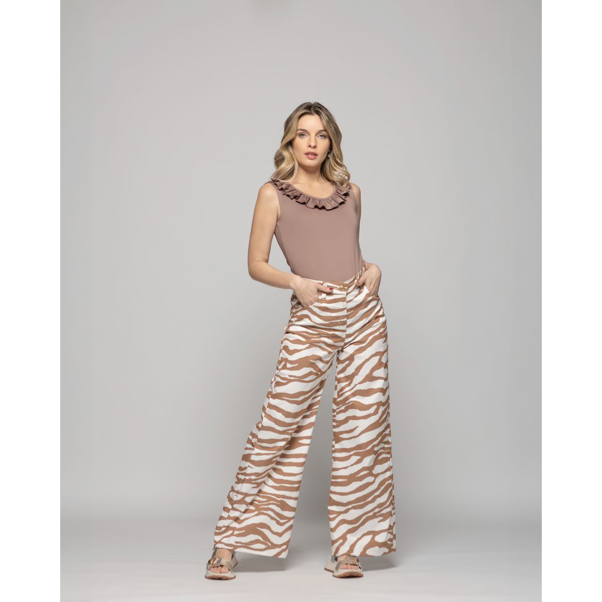 LUDOVICA - Pantalón Mujer Sakura Palazzo Algodón Estampado Cebra Café Ludovica