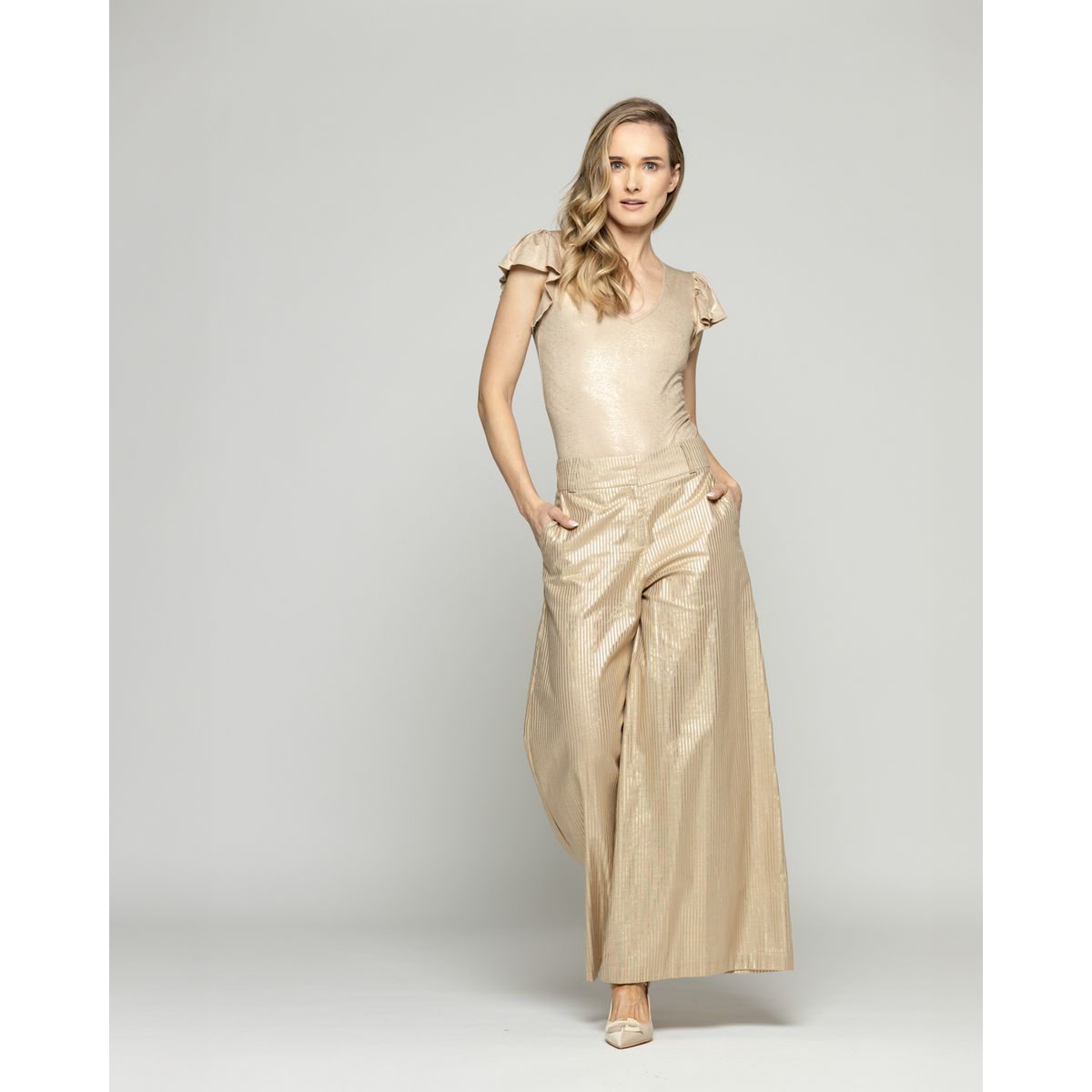 LUDOVICA - Pantalón Mujer Iris Palazzo Algodón Folia Beige Ludovica