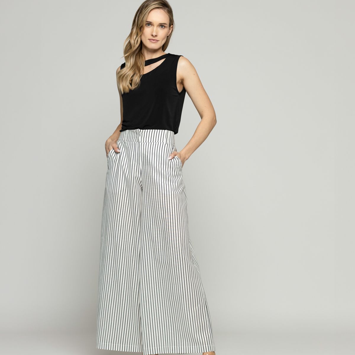 LUDOVICA - Pantalón Mujer Liatris Largo Clásico Algodón Rayas Negro Y Blanco