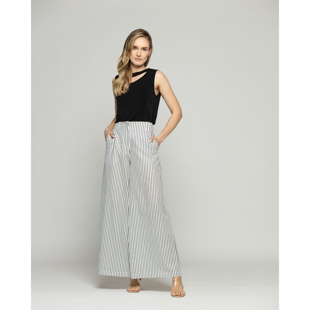 LUDOVICA - Pantalón Mujer Liatris Largo Clásico Algodón Rayas Negro Y Blanco