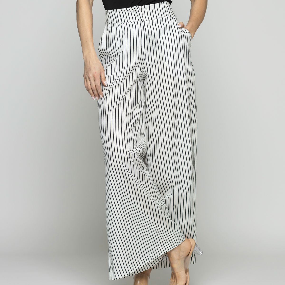 LUDOVICA - Pantalón Mujer Liatris Largo Clásico Algodón Rayas Negro Y Blanco