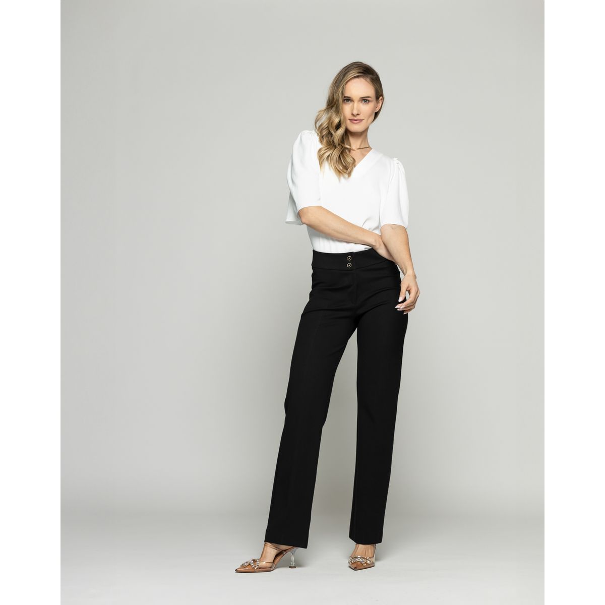 LUDOVICA - Pantalón Mujer Russelia Slim Fit Doble Botón Negro