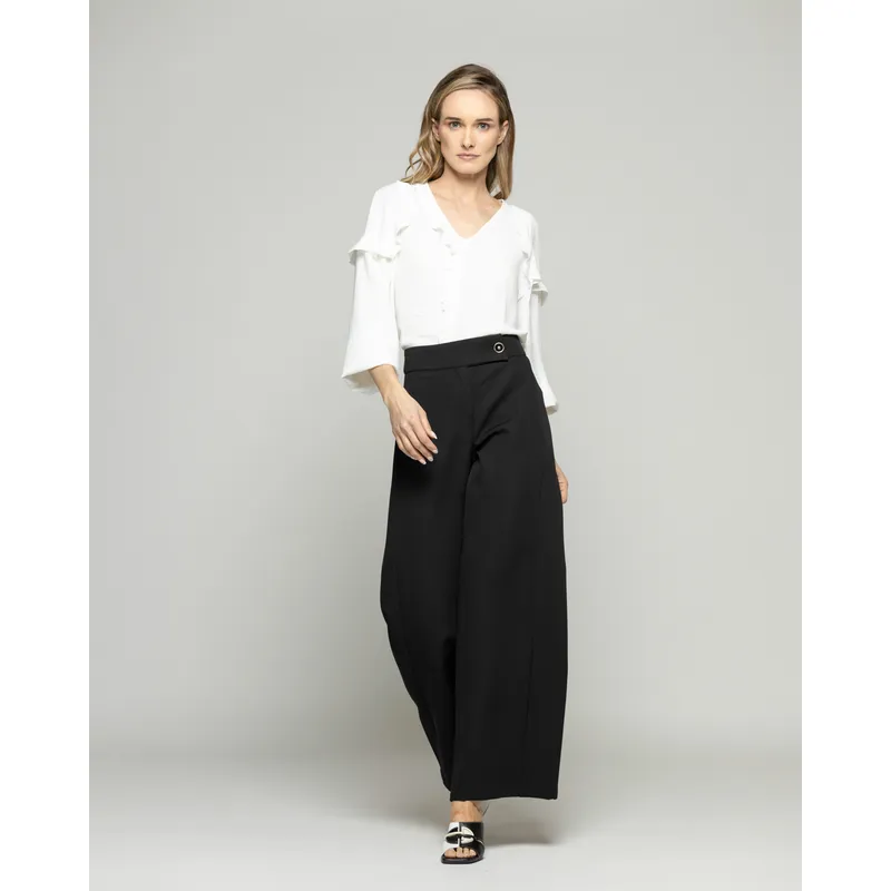 LUDOVICA - Pantalón Mujer Hibisco Palazzo Pretina Pasada Negro