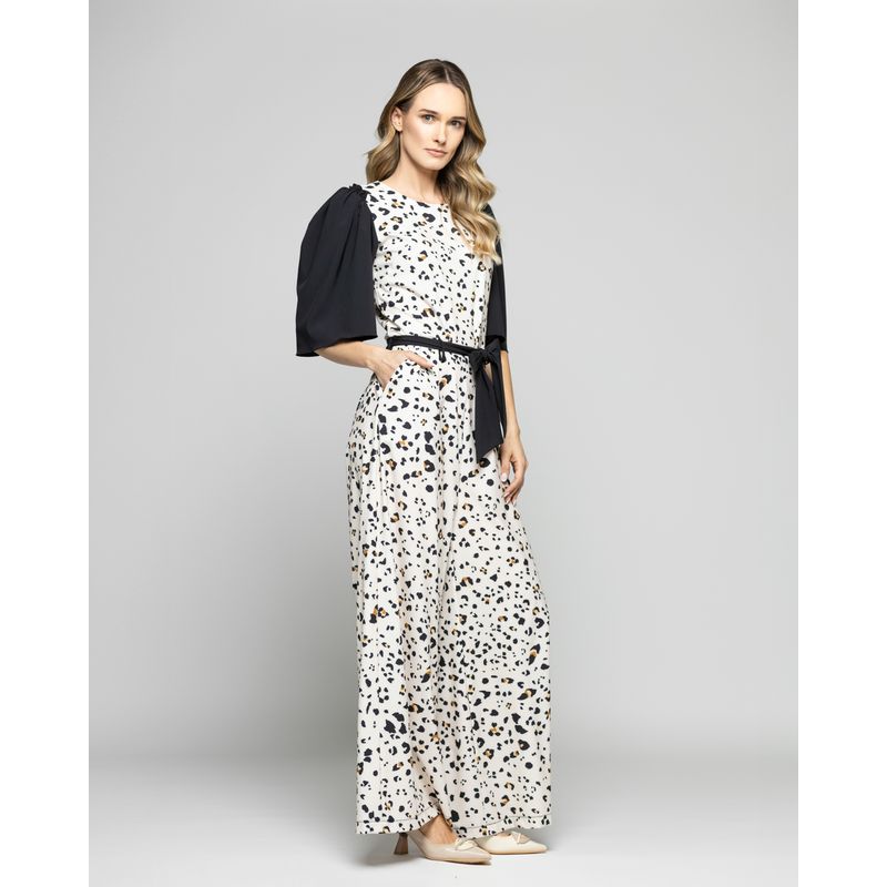LUDOVICA - Enterito Mujer Acacia Manga Tres cuartos Palazzo Animal Print Blanco Vainilla
