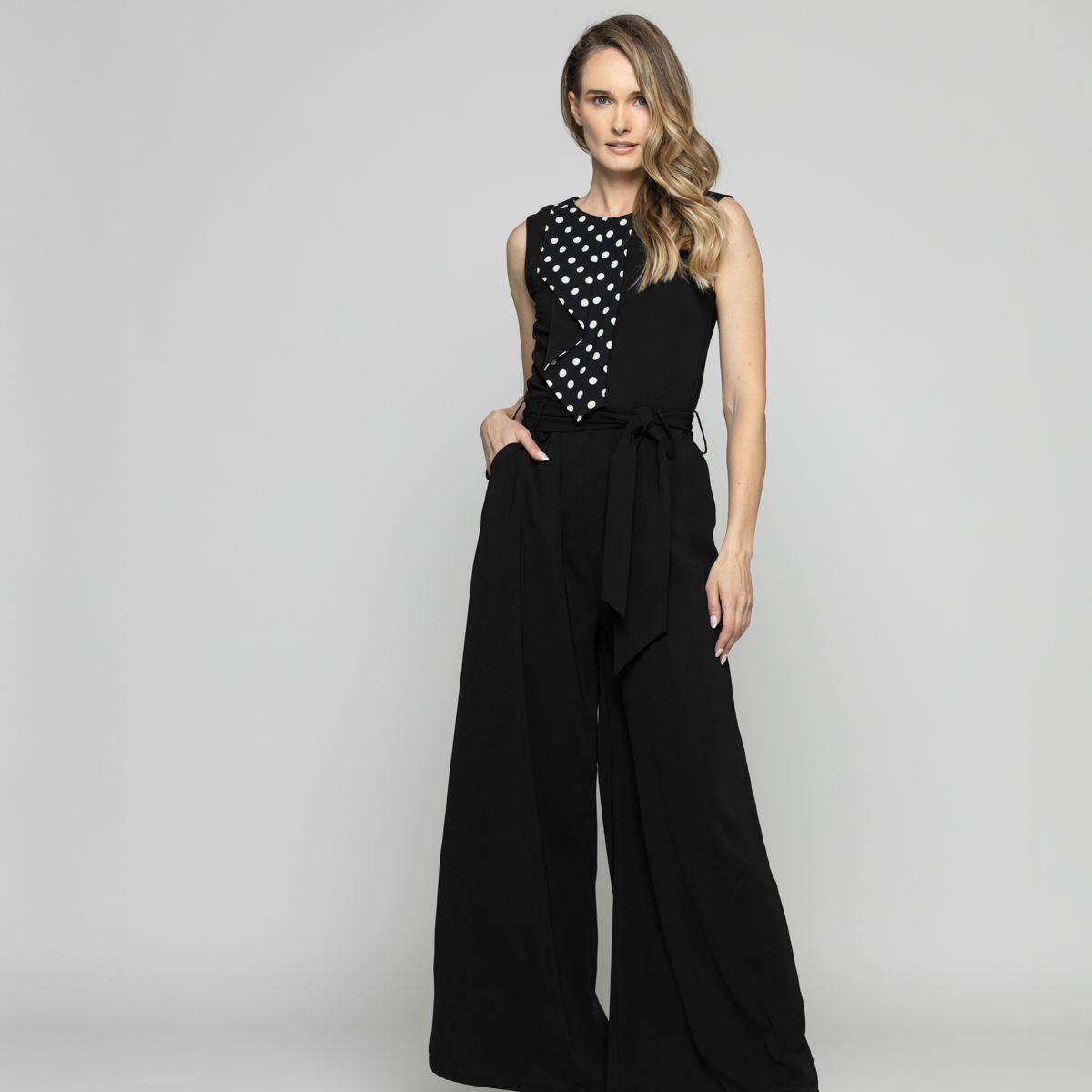 LUDOVICA - Enterito Mujer Acanto Sin Mangas Volado Lunares Palazzo Negro Ludovica