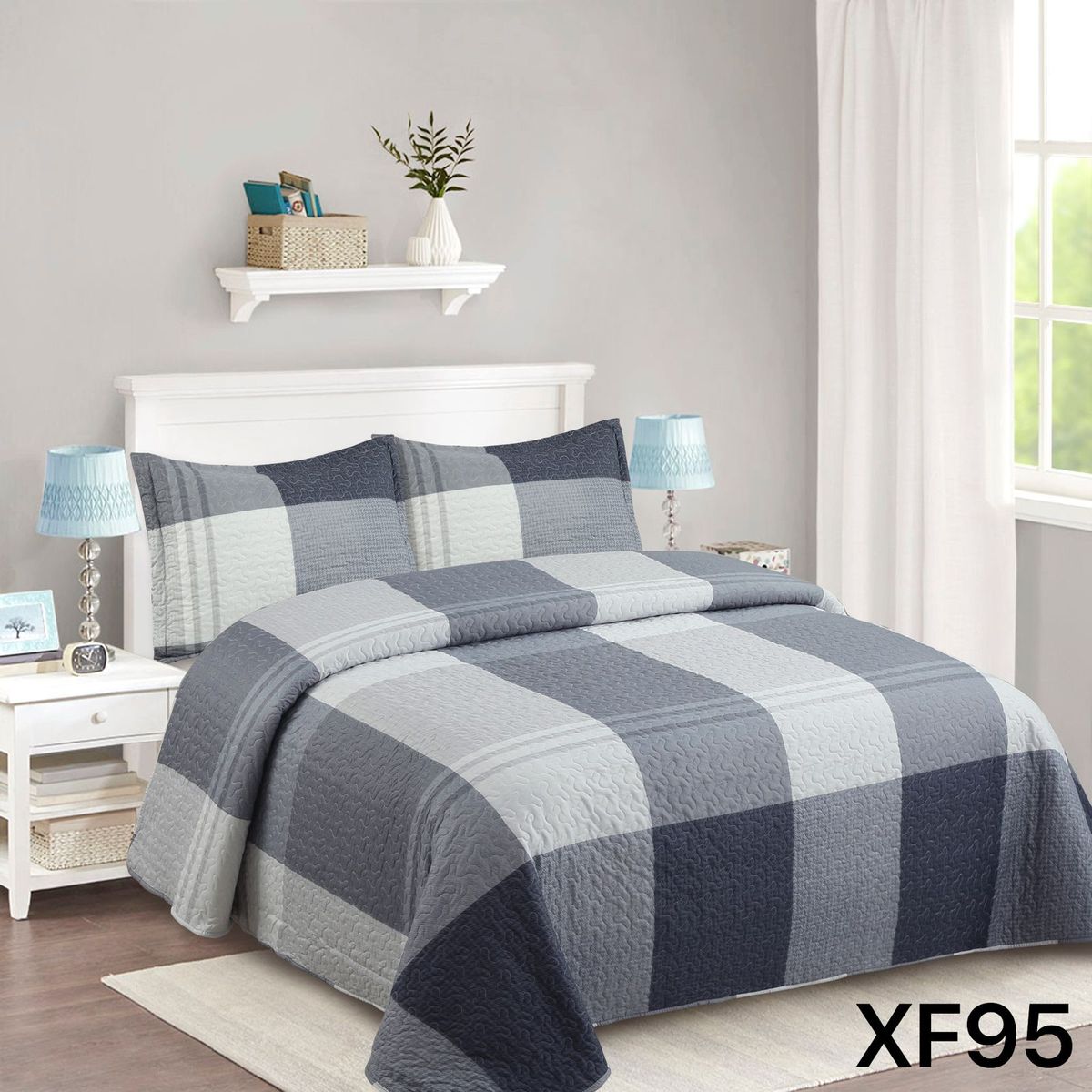 GENERICO - Cubrecama Quilt Verano 1.5 Plazas - Azul Cuadrille XF95