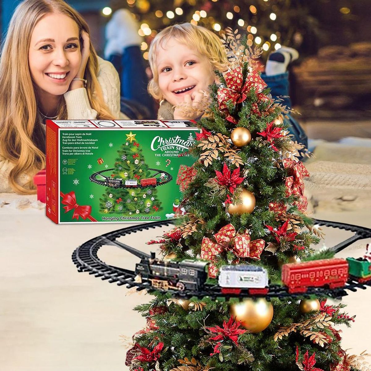 GENERICO - Pista de trenes luces sonido alrededor del arbol