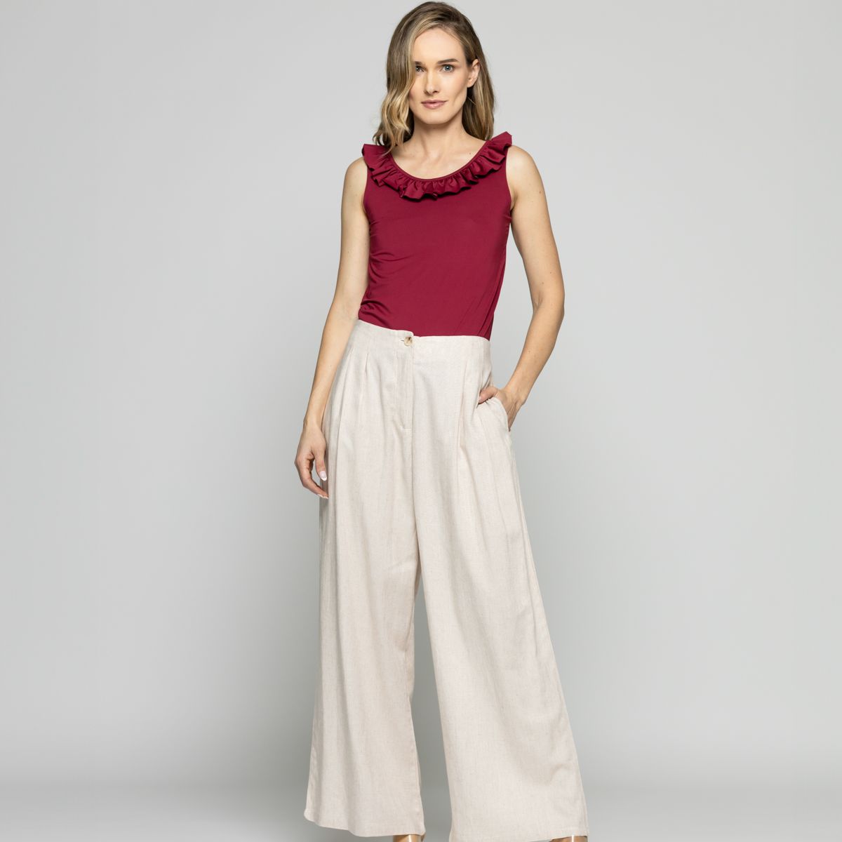 LUDOVICA - Body Mujer Tagete Escote Reodondo Con Vuelos Sin Mangas Rojo Guinda Ludovica